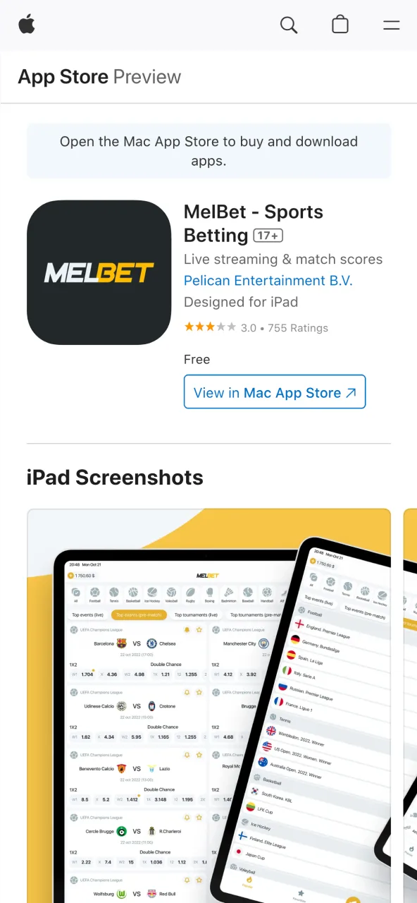 Choose iOS to download Melbet from App Store.