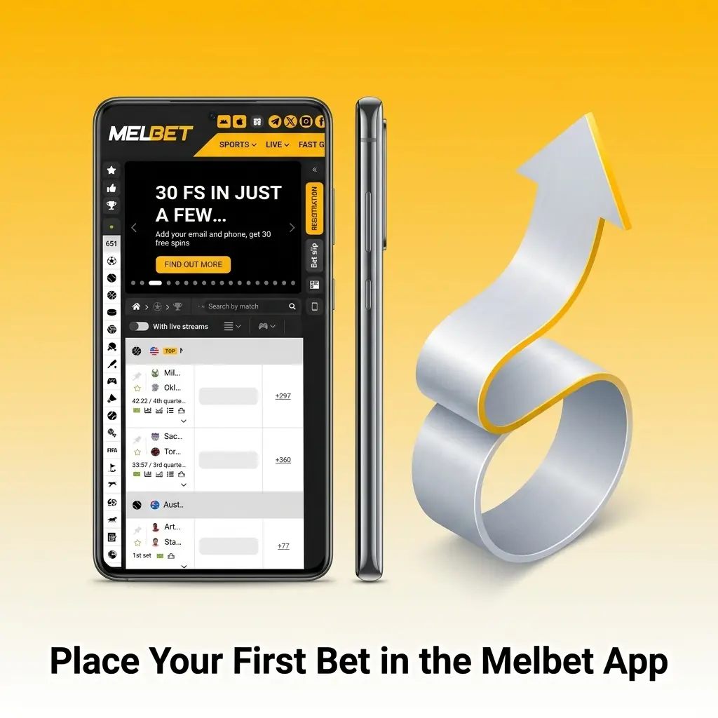 User placing first sports bet on Melbet mobile app by selecting odds and confirming wager via betting slip